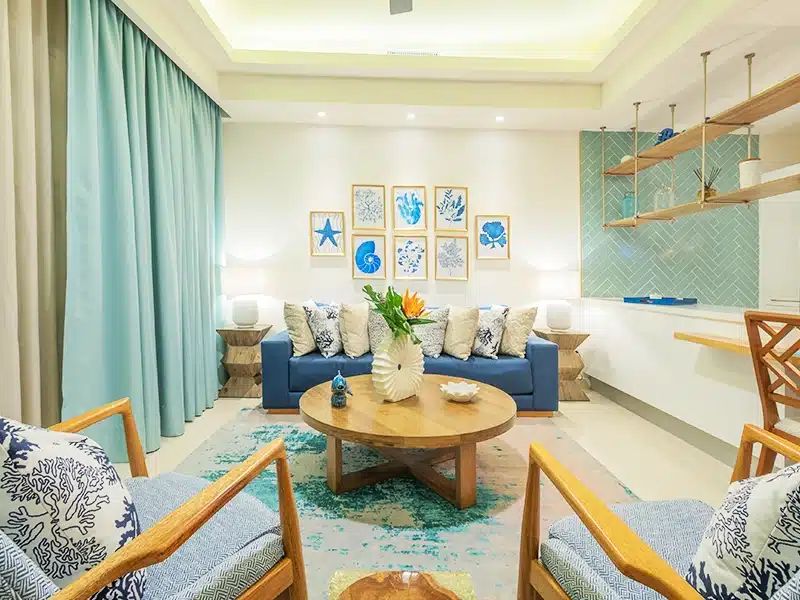 Interior of a beach themed Vrbo condo