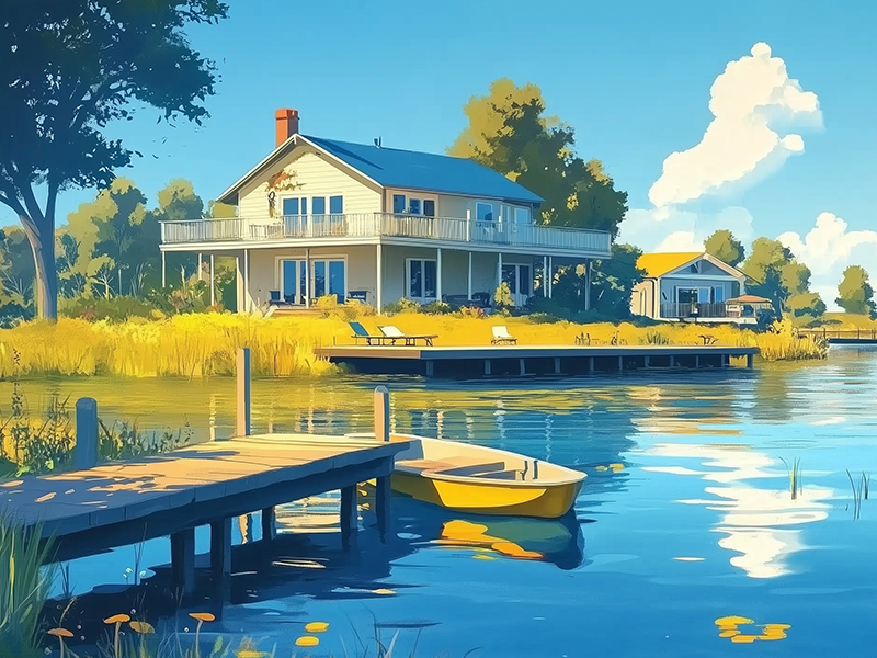 a house on the water with a kayak as an amenity, highlighting the risks of lakefront airbnb properties