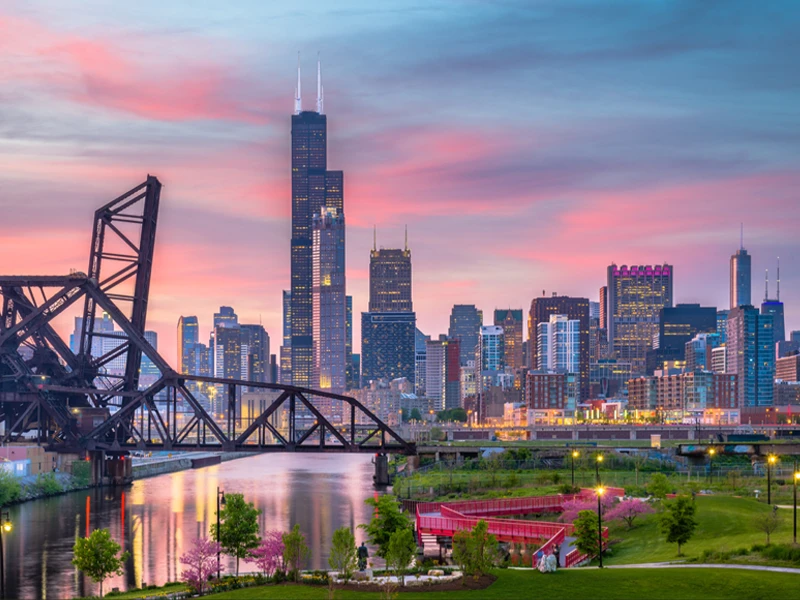 The Chicago skyline at sunset