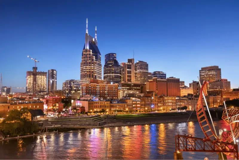 Nashville at dusk with city lights