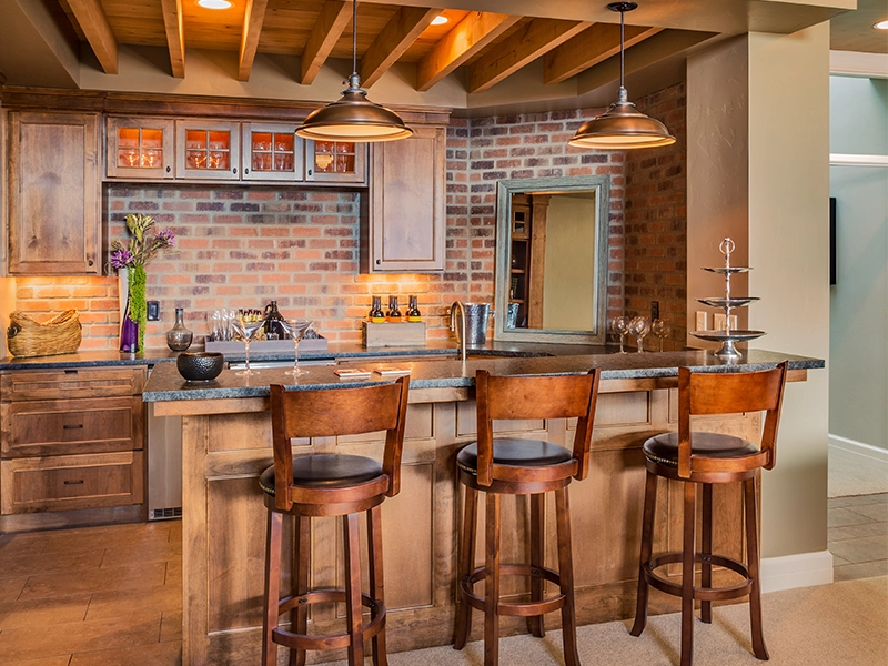 A bar in the basement of a house.