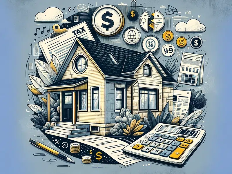 A short-term rental house with coins, a calculator,and graphs to depict tax write-offs