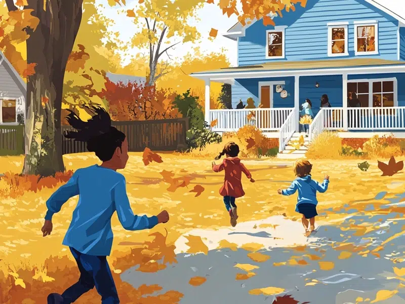 Illustration shows children running through the yard of an Airbnb