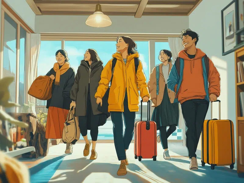 A group of friends enter an Airbnb apartment with luggage