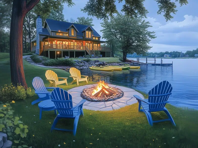 Blue and yellow chairs sit outside of a vacation rental home with amenities that come with risks, including a fire pit, kayaks, and a body of water.