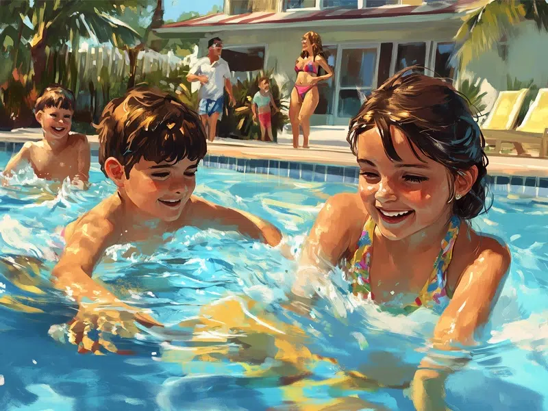 Children swimming and splashing at a Swimply pool rental property