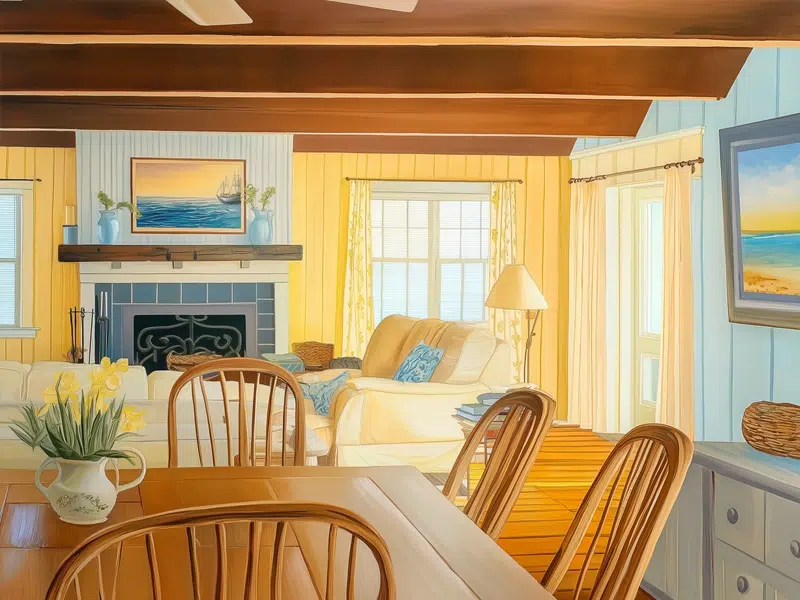 Illustrated interior of cozy Airbnb Cottage with bright colors and natural light