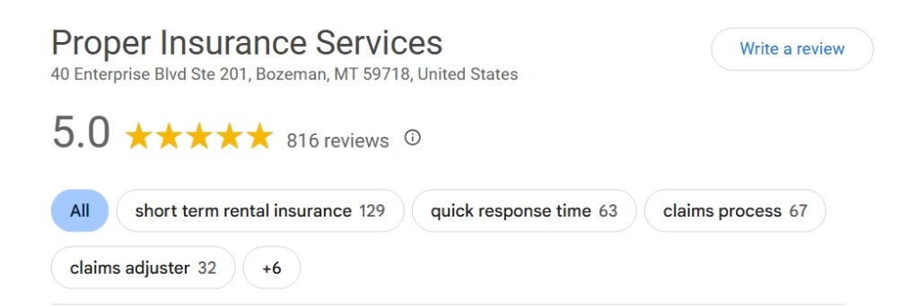 Screenshot_30-6-2026_92535_www.google.com Proper Insurance 5-star Google Reviews rating from Airbnb hosts and short-term rental owners.