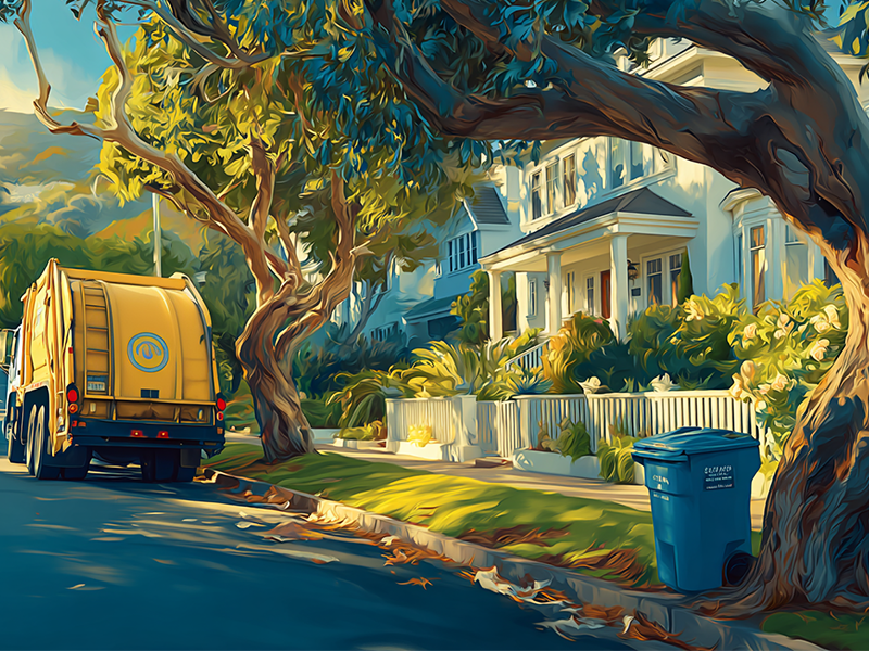 A garbage truck passes a large tree in front of a residential home in a California neighborhood, illustrating how a routine trash collection incident led to a $1.2 million short-term rental liability lawsuit.