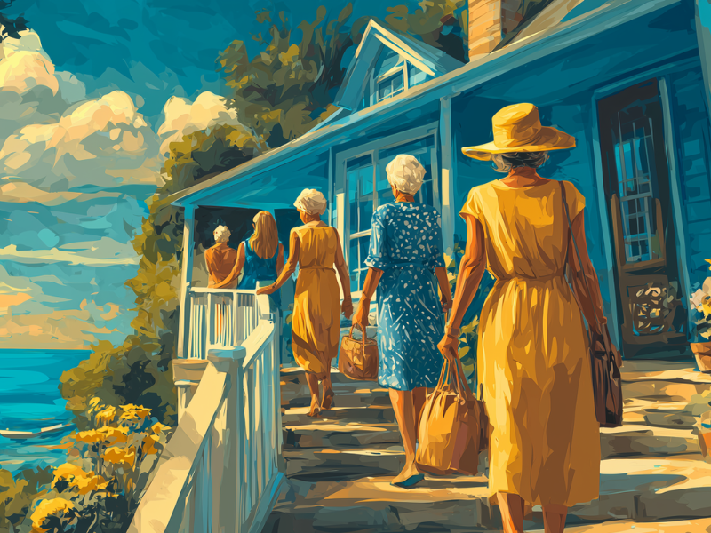 Women on vacation entering Airbnb