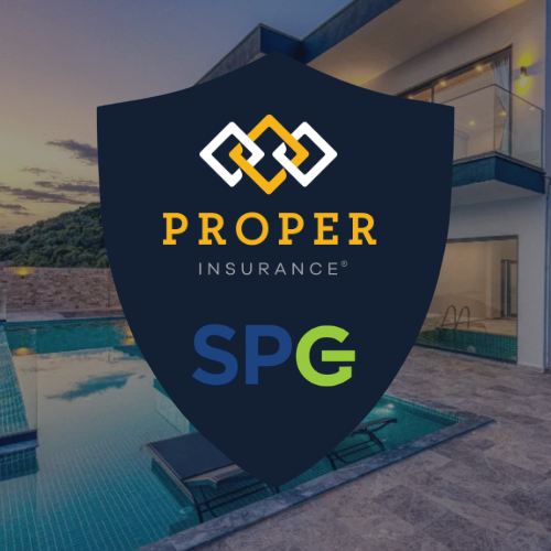 Proper Insurance and SPG logos atop a blue shield, a modern home with an outdoor pool is featured as the background image