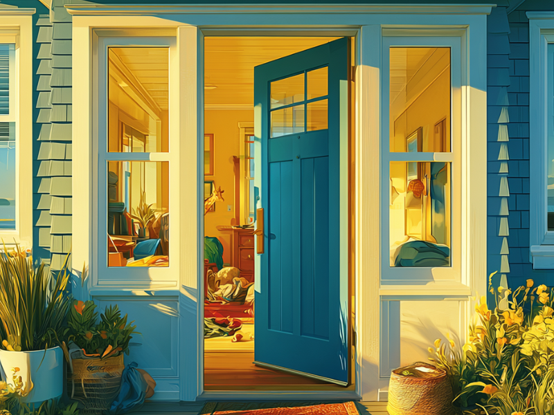 short-term rental with open door and personal belongings inside, representing an Airbnb squatter or unauthorized guest