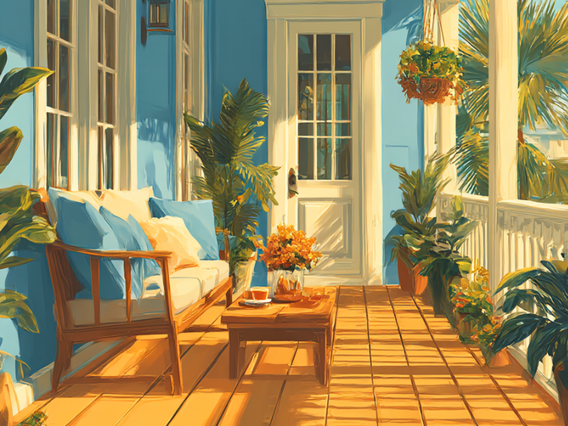 Clean, well-decorated vacation rental porch illustrating property care for Vrbo host insurance and damage protection