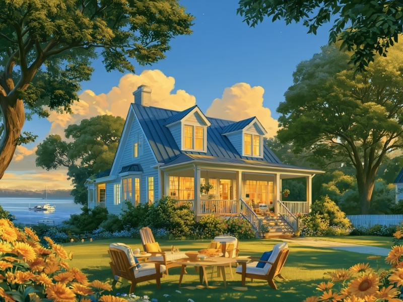 Illustration of a waterfront short-term rental home in Virginia at sunset, with a wraparound porch, outdoor seating area, sunflower garden, and a sailboat on the water beyond.