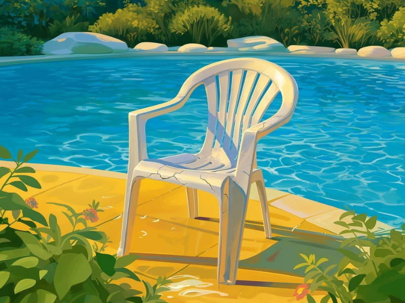 White plastic patio chair with visible cracks across the seat and backrest, illustrating a short-term rental furniture liability claim
