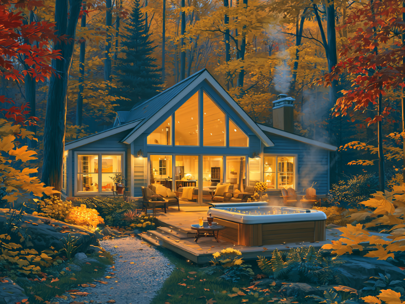 An illustrated Ohio short-term rental cabin lit at dusk in fall forest, with a hot tub on the deck and a path leading to the entrance.