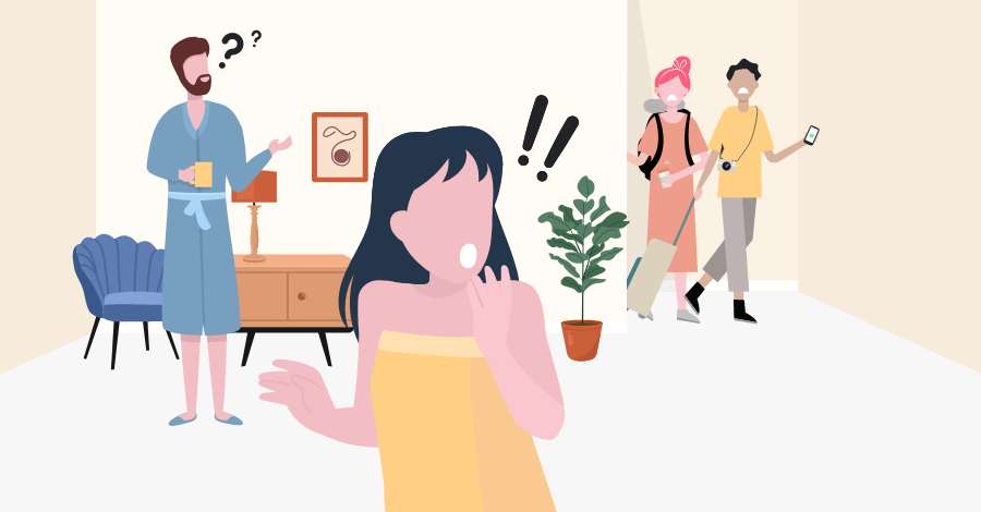 a couple is surprised when strangers walk into their vacation rental during a booked stay, a common example of airbnb hosting risks is invasion of privacy
