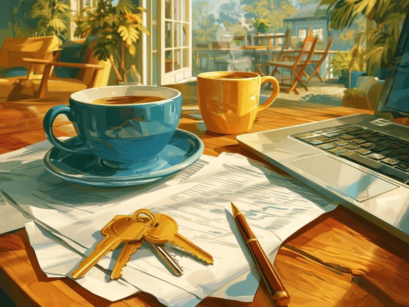 House keys resting on paperwork beside two coffee cups and a laptop, representing a property manager handling a short-term rental